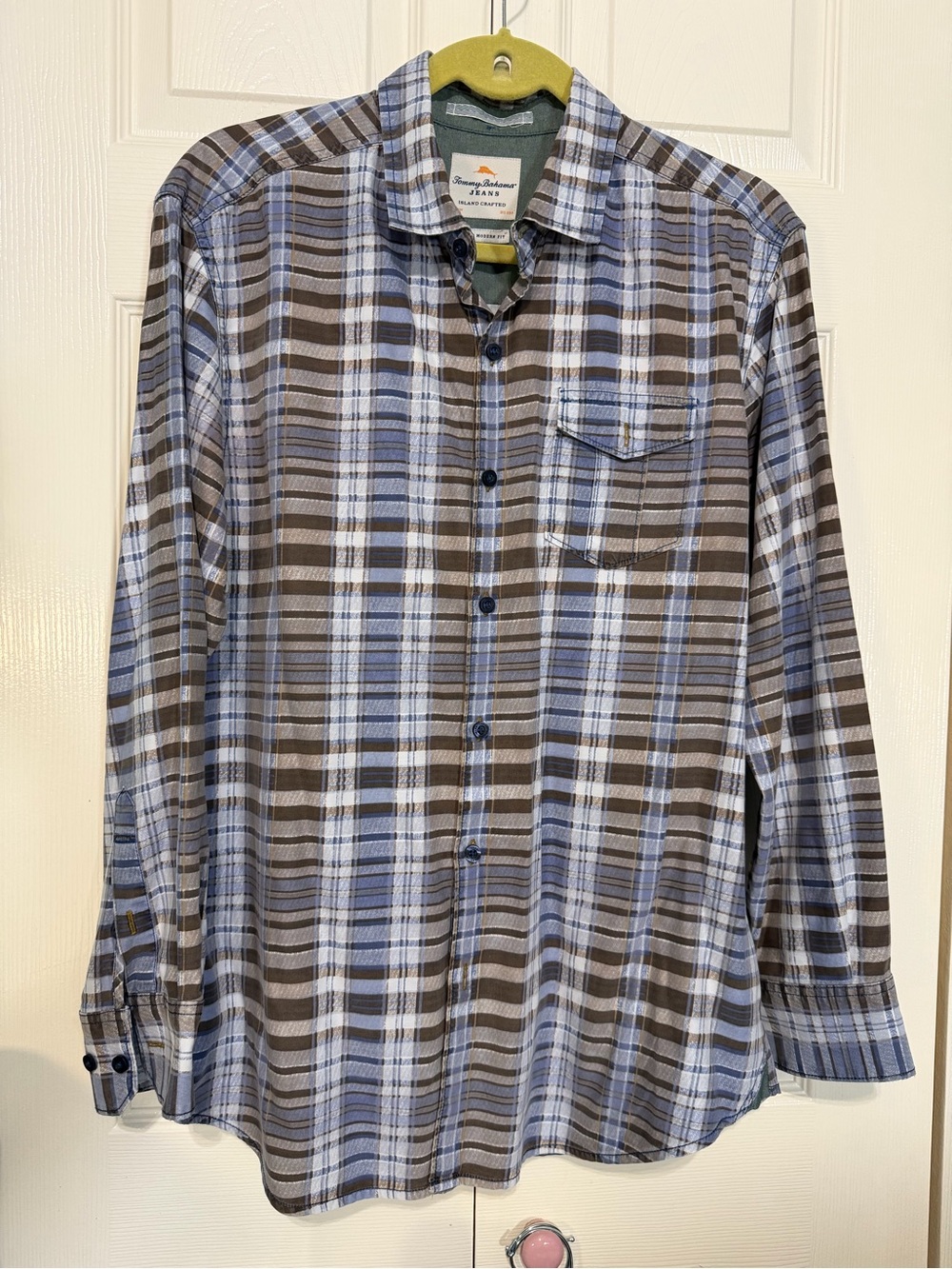 Tommy Bahama Men's Plaid Button-Up Shirt in Brown and Light Blue